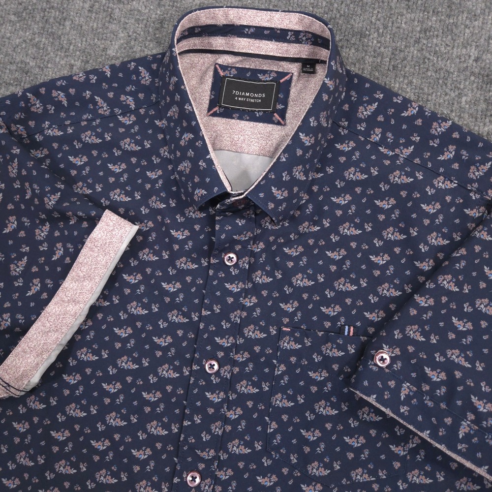 7 Diamonds 4 Way Stretch Shirt Mens M Navy Forever Begins Floral AOP Performance